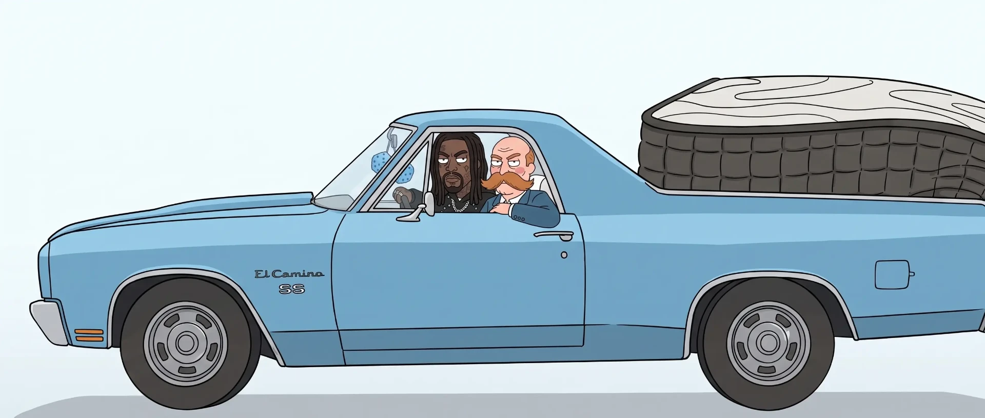 Illustrated brand mascots Darius and Buford riding in their blue El Camino with a mattress